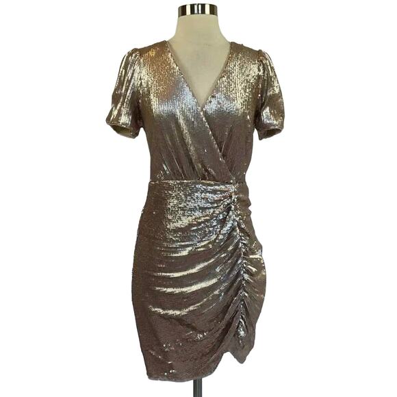 Aidan Mattox Women's Cocktail Dress Size 2 Gold Sequined Short Sleeve Sheath - Picture 1 of 12